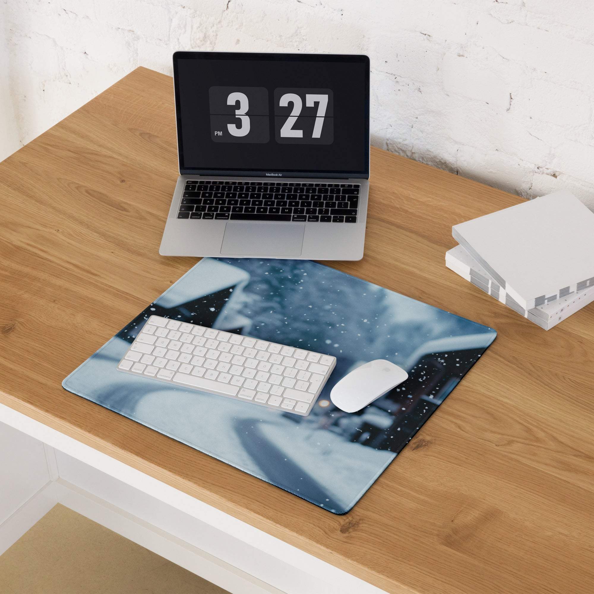 Winter snow village blue snow scene gaming mouse pad with white keyboard and mouse