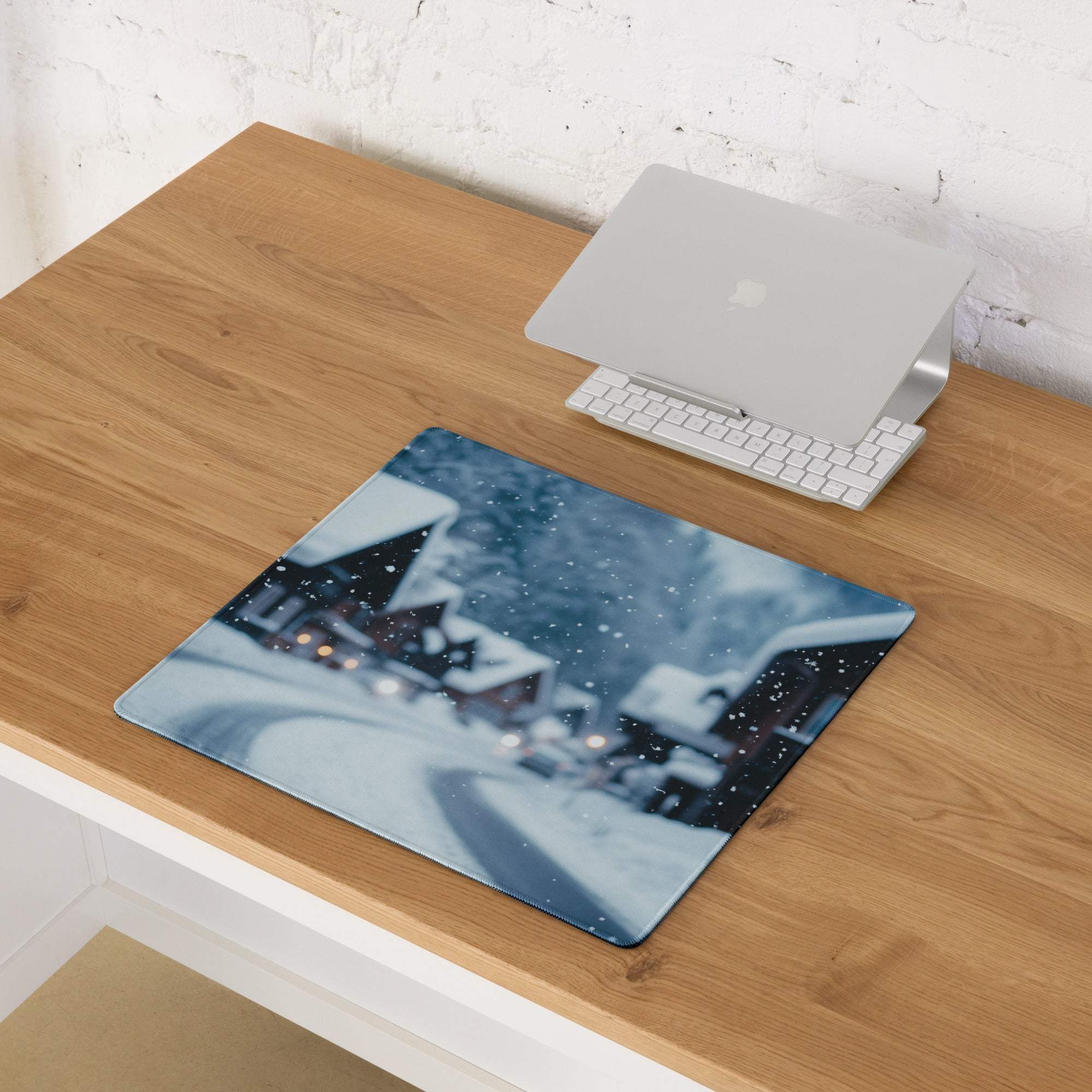 Blue and white snowy village gaming mouse pad large premium non-slip stitched