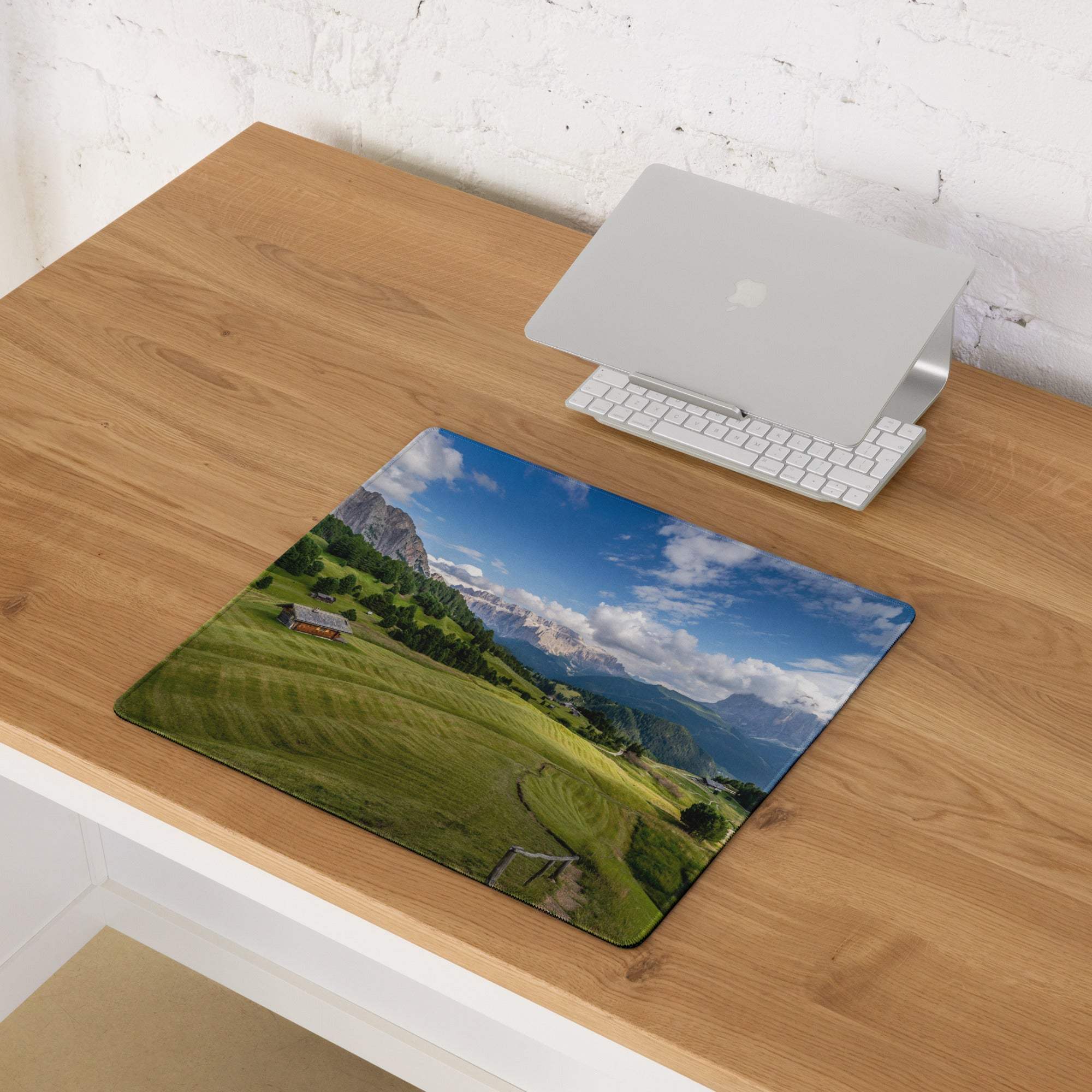 Scenic calm green mountain landscape gaming mouse pad with hills, cottage, non-slip base
