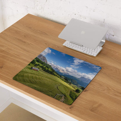 Scenic calm green mountain landscape gaming mouse pad with hills, cottage, non-slip base