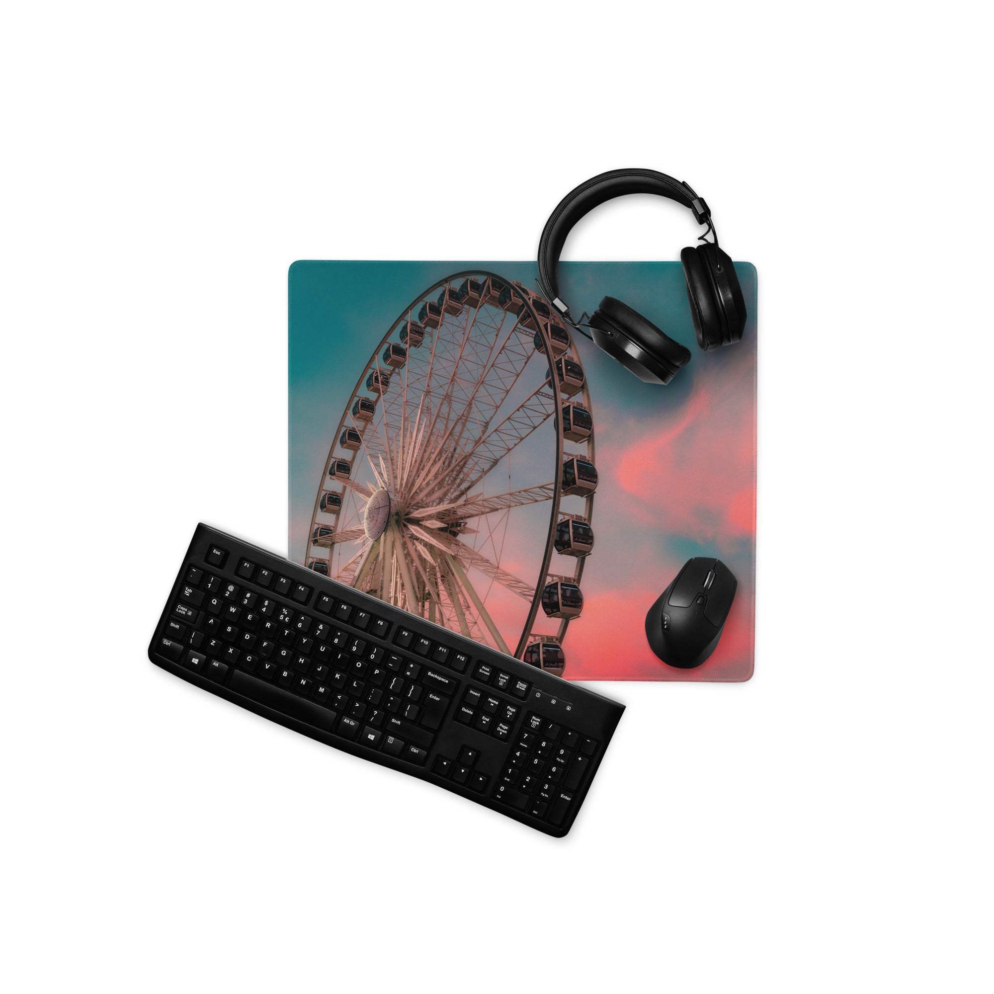 Dreamy sunset ferris wheel gaming mouse pad with headphones