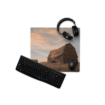 Large rustic barn gaming mouse pad with warm sunset sky, non-slip stitched edges