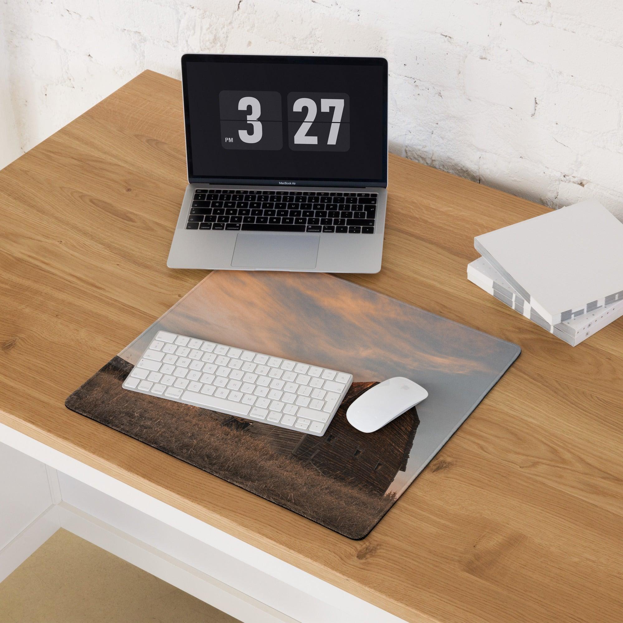 Large rustic barn gaming mouse pad with sunset mood, non-slip stitching