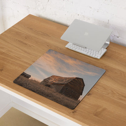 Large rustic barn sunset gaming mouse pad with non-slip stitched edges