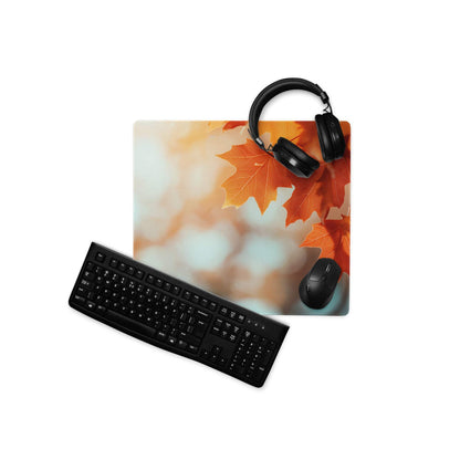 Autumn Leaves orange maple leaf gaming mouse pad with headphones and mouse