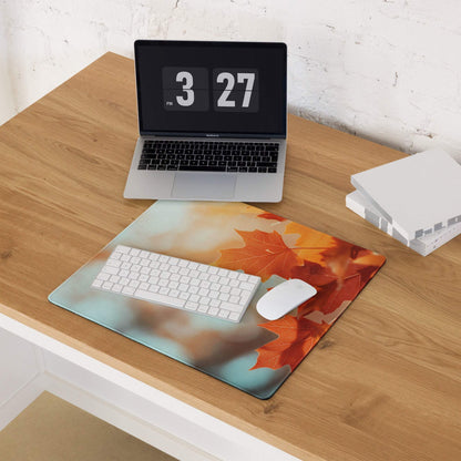 Autumn Leaves gaming mouse pad with orange red maple leaves teal background