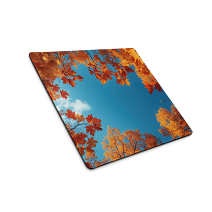 Autumn leaves frame over sky blue square gaming mouse pad, large non-slip