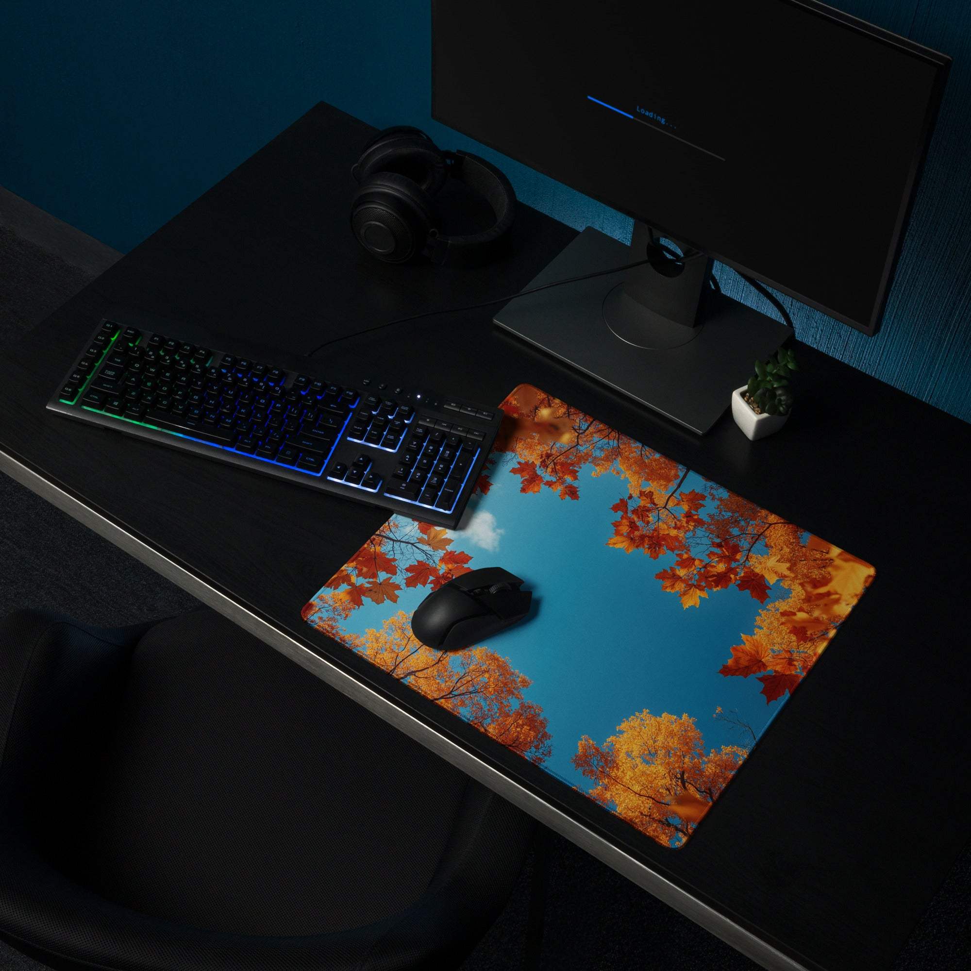 Autumn Leaves Frame Over Sky Blue gaming mouse pad with vibrant leaves