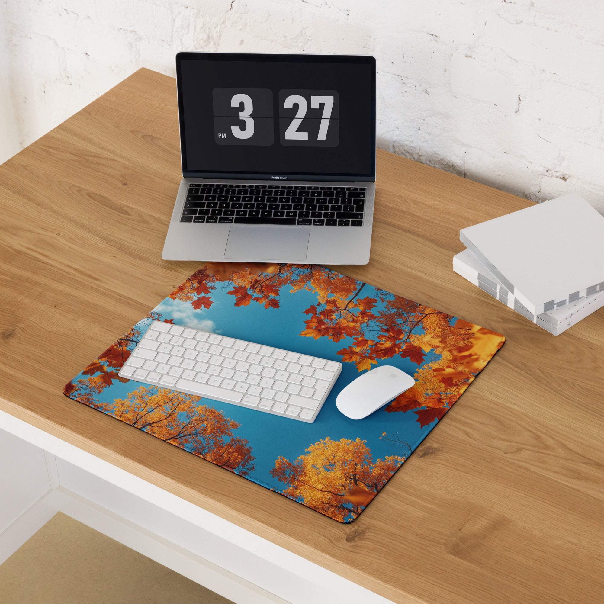 Autumn leaves frame over sky blue gaming mouse pad large non-slip base