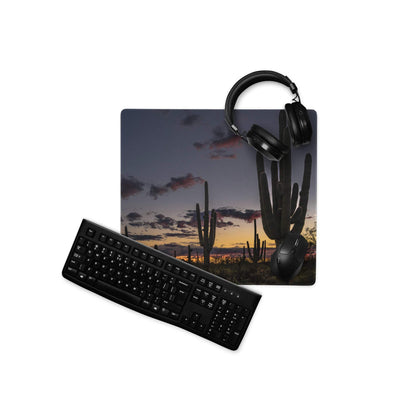 Black matte QWERTY keyboard on desert sunset cactus gaming mouse pad