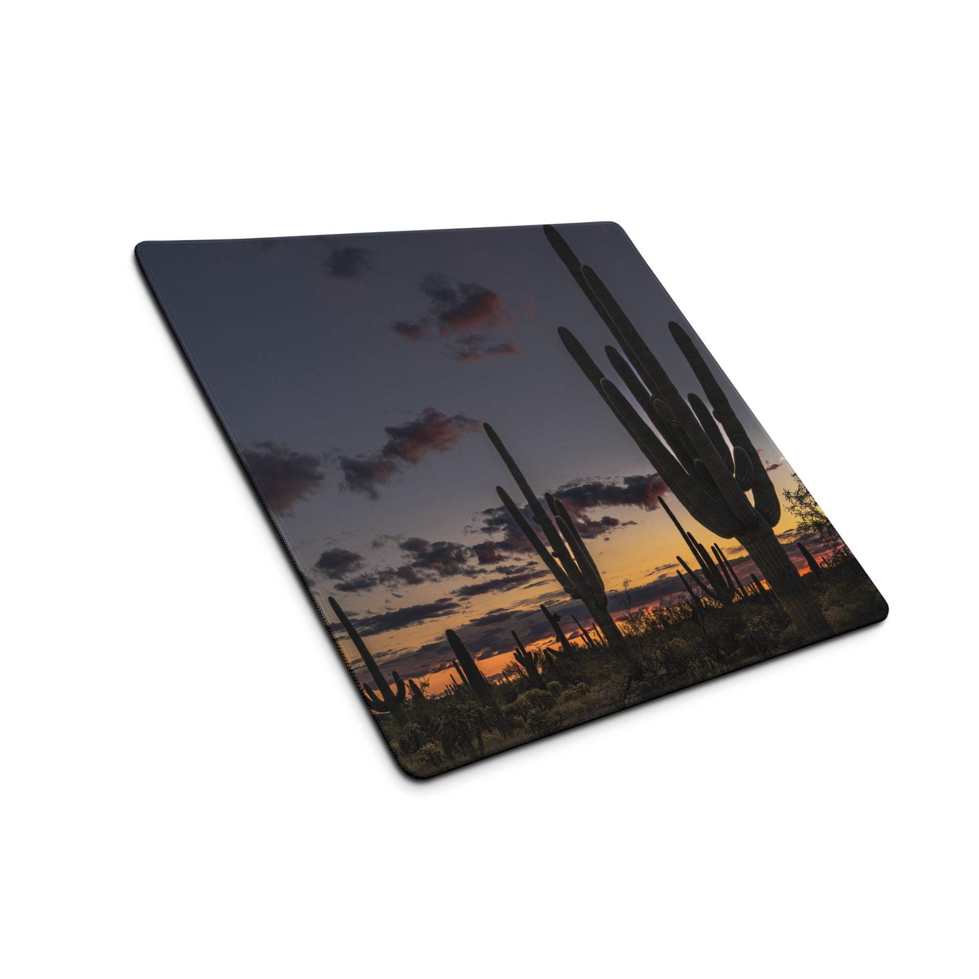 Square desert sunset saguaro cactus silhouette mouse pad, twilight sky