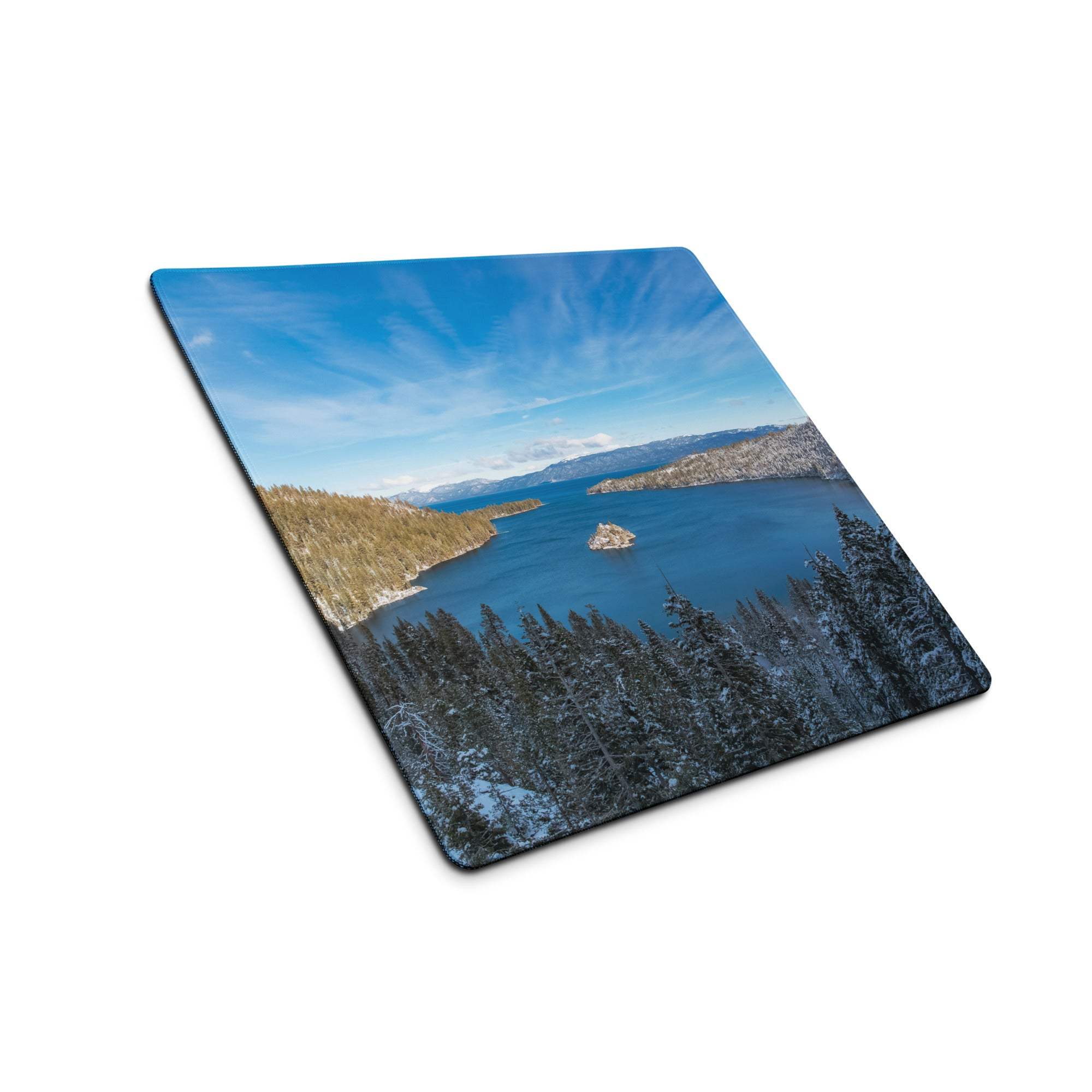 Serene blue lake winter landscape gaming mouse pad with snow pines mountains