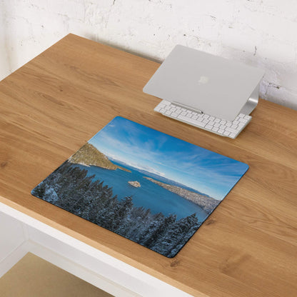 Serene winter landscape gaming mouse pad with snow-dusted trees and calm waters