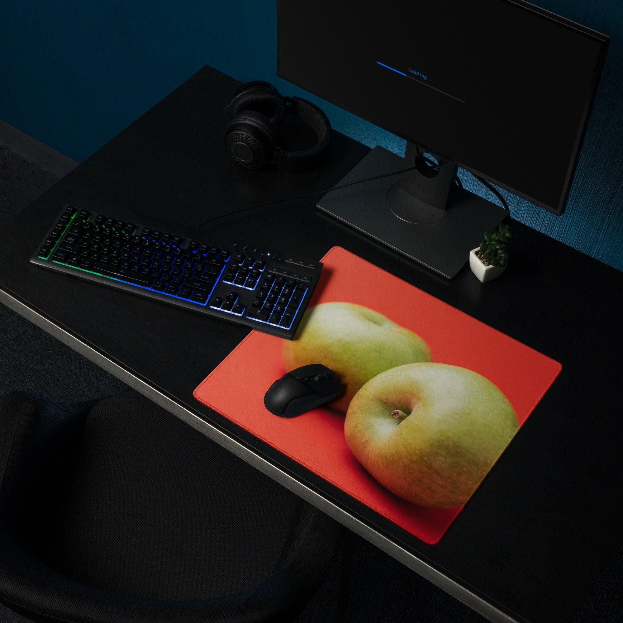 Red rectangular mousepad with realistic two green apples print