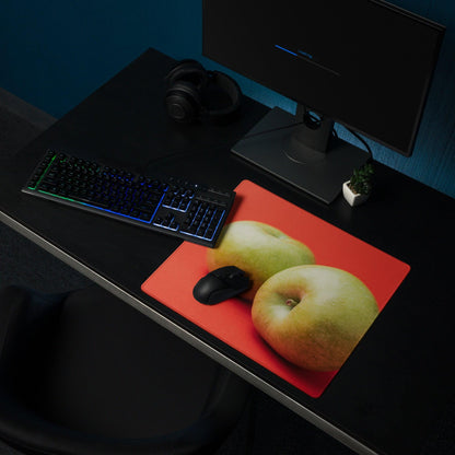 Red rectangular mousepad with realistic two green apples print