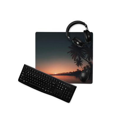Vibrant tropical sunset gaming mouse pad with palm trees, ocean, black keyboard, headphones