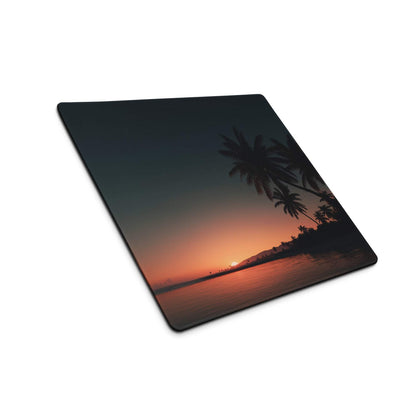 Sleek black large non-slip gaming mouse pad with vibrant tropical sunset palm trees