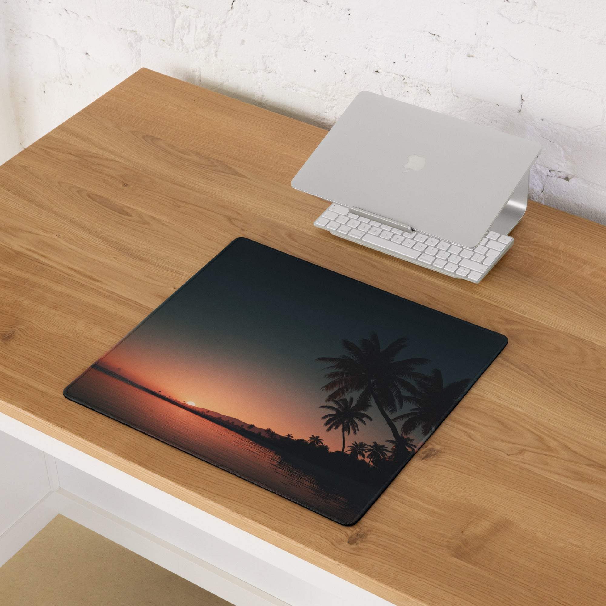 Vibrant tropical sunset mouse pad with palm tree silhouettes, non-slip stitched edges