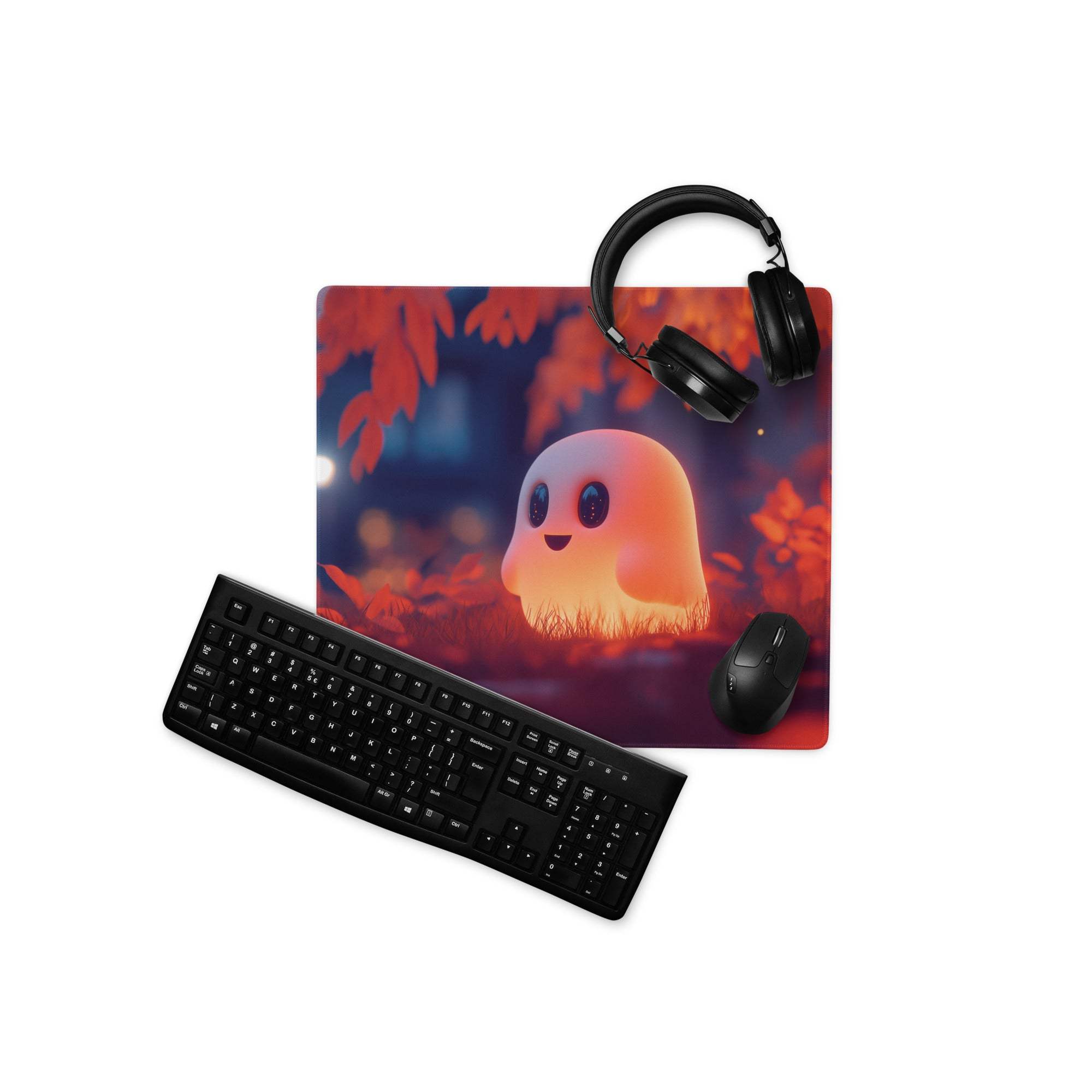 Whimsical ghost warm orange glow large gaming mouse pad with autumn leaves