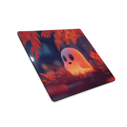 Whimsical ghost warm orange glow gaming mouse pad with peeking ghost