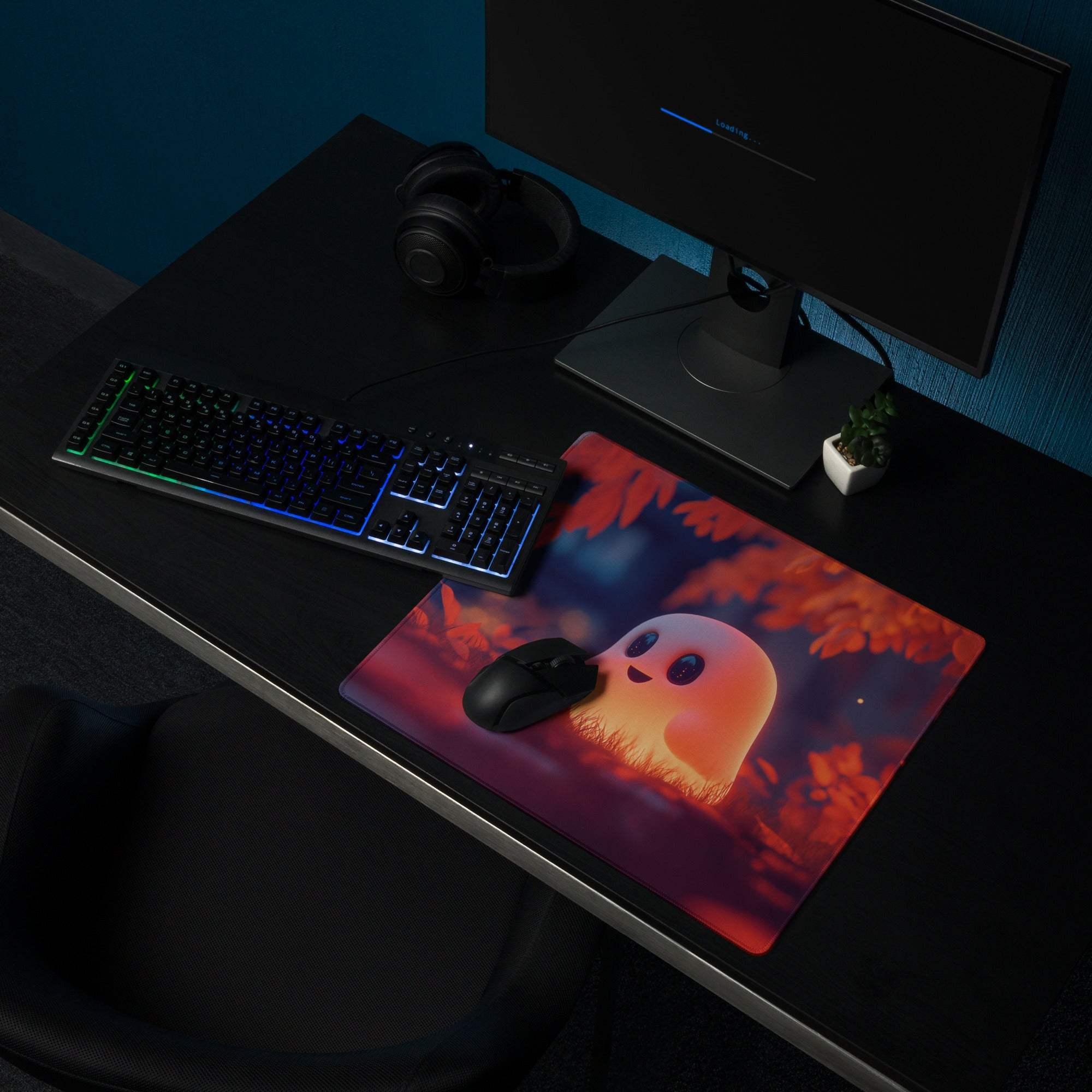 Whimsical ghost warm orange glow large gaming mouse pad with autumn leaves