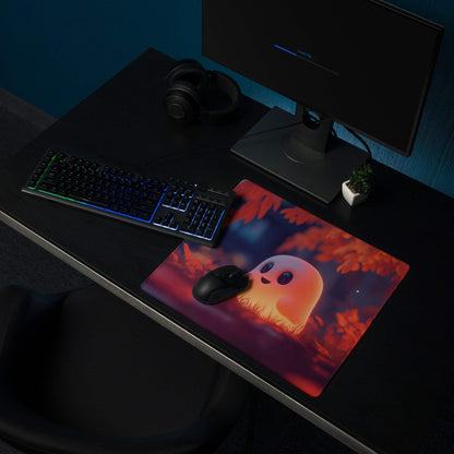 Whimsical ghost warm orange glow large gaming mouse pad with autumn leaves