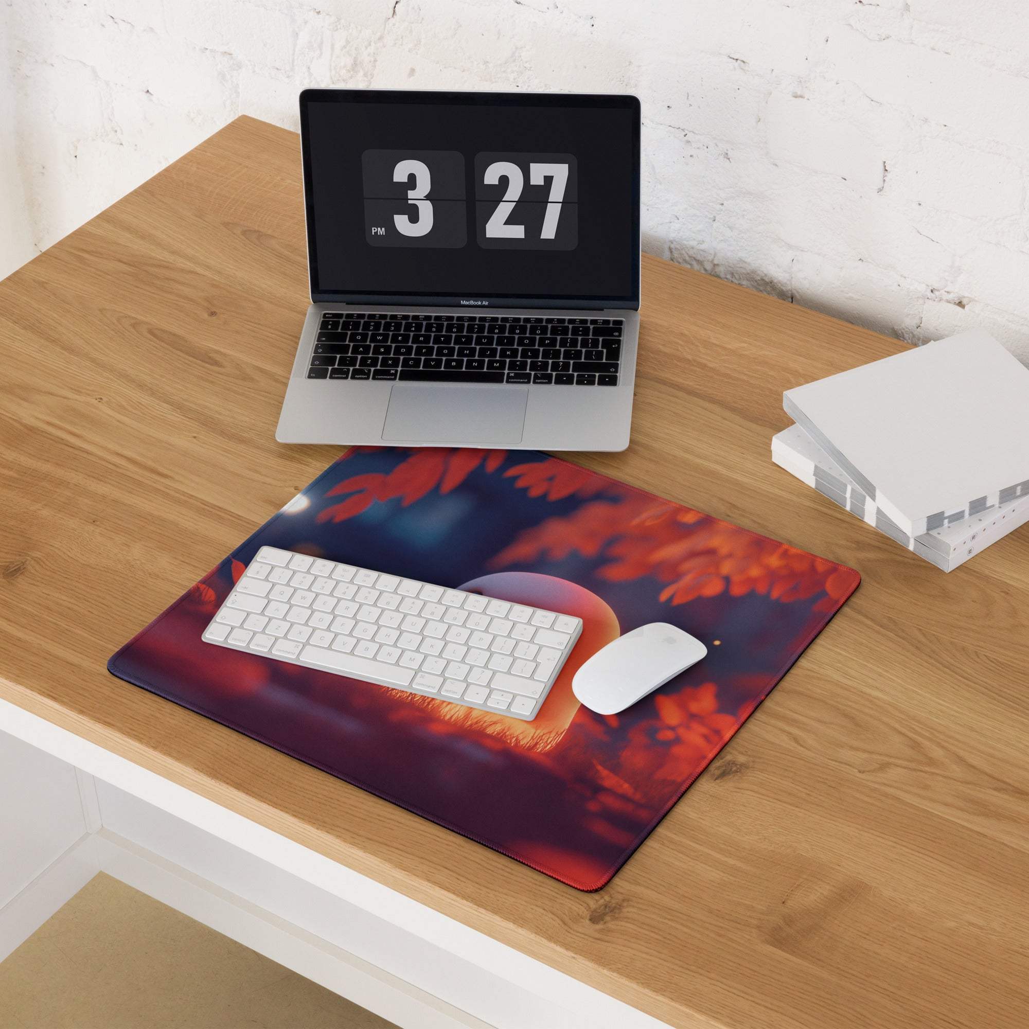 Vibrant red orange autumn leaves gaming mousepad with keyboard mouse