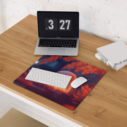 Vibrant red orange autumn leaves gaming mousepad with keyboard mouse