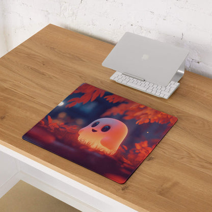 Whimsical ghost warm orange glow large gaming mouse pad with fiery autumn leaves