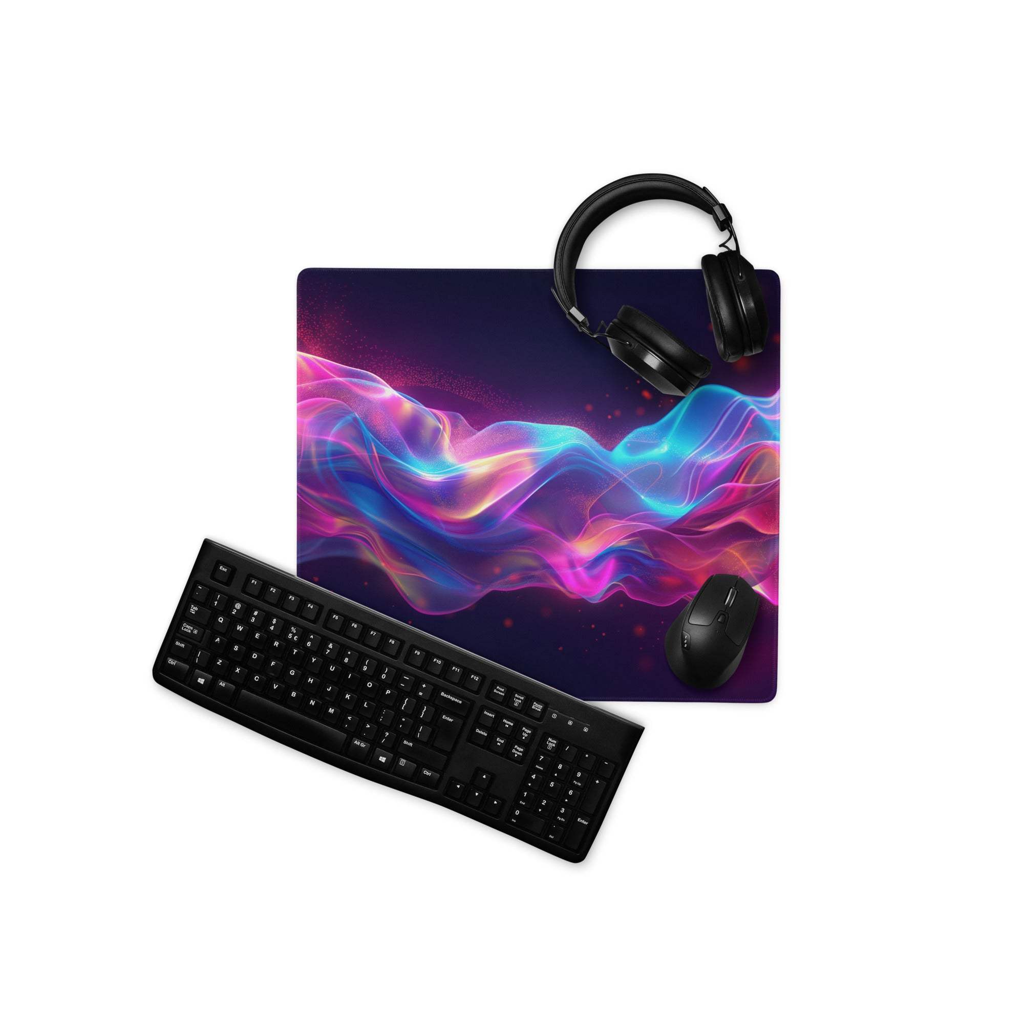 Vibrant neon wave extra large gaming mouse pad with purple cosmic design