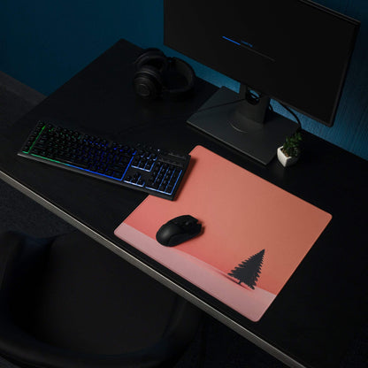 Minimalist sunset tree gaming mouse pad with pink-orange gradient, pine silhouette, large non-slip base