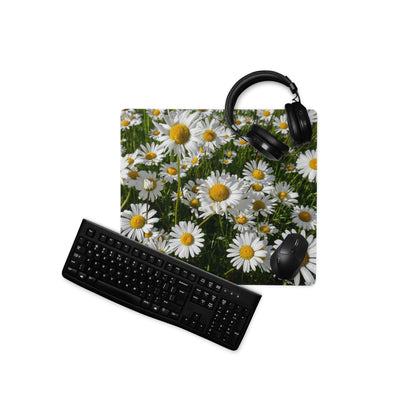 Black keyboard and mouse on vibrant white daisy field gaming mouse pad