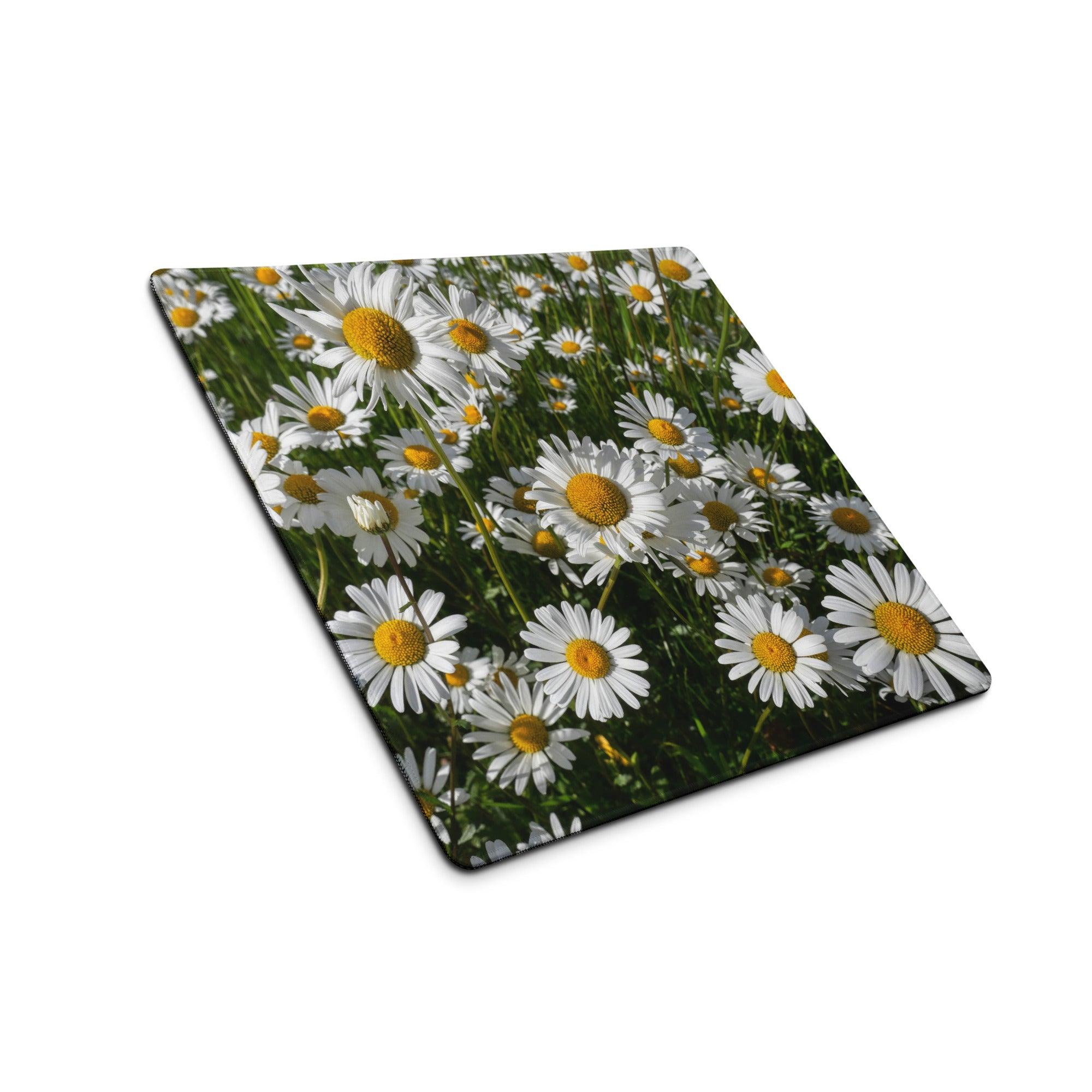 Vibrant white daisy field gaming mouse pad with non-slip base