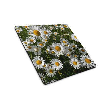 Vibrant white daisy field gaming mouse pad with non-slip base