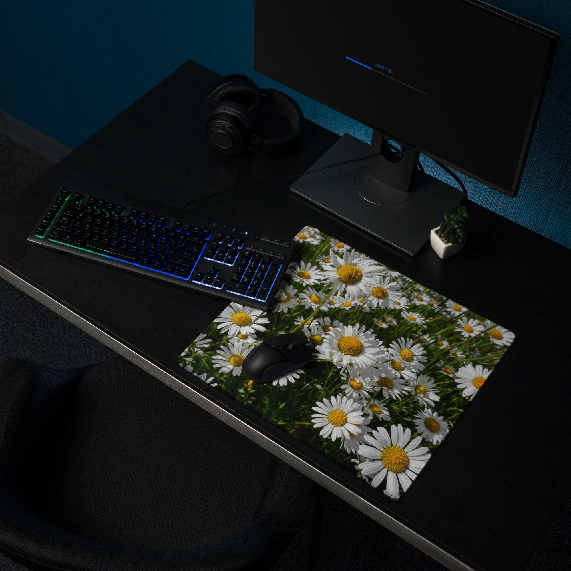 Floral daisy field gaming mouse pad with white daisies, non-slip base, stitched edges