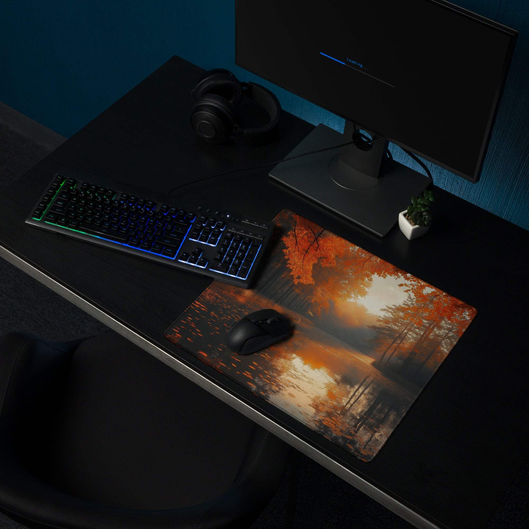 Autumn Forest River gaming mouse pad with orange hues on water, non-slip base