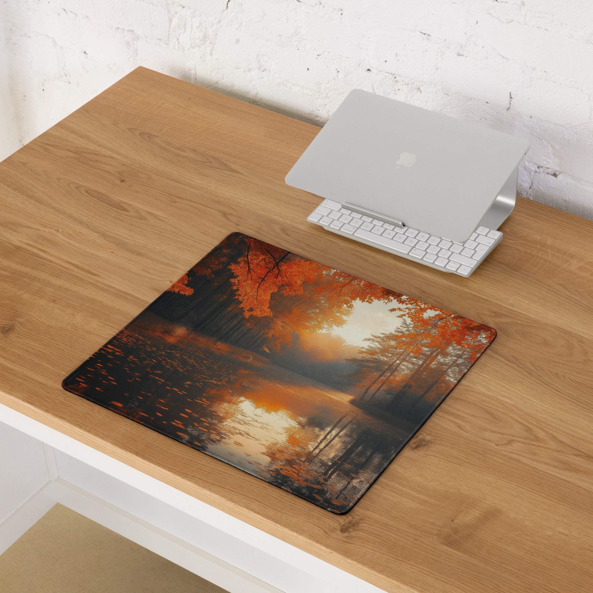 Autumn Forest River gaming mouse pad with orange leaves in water reflection