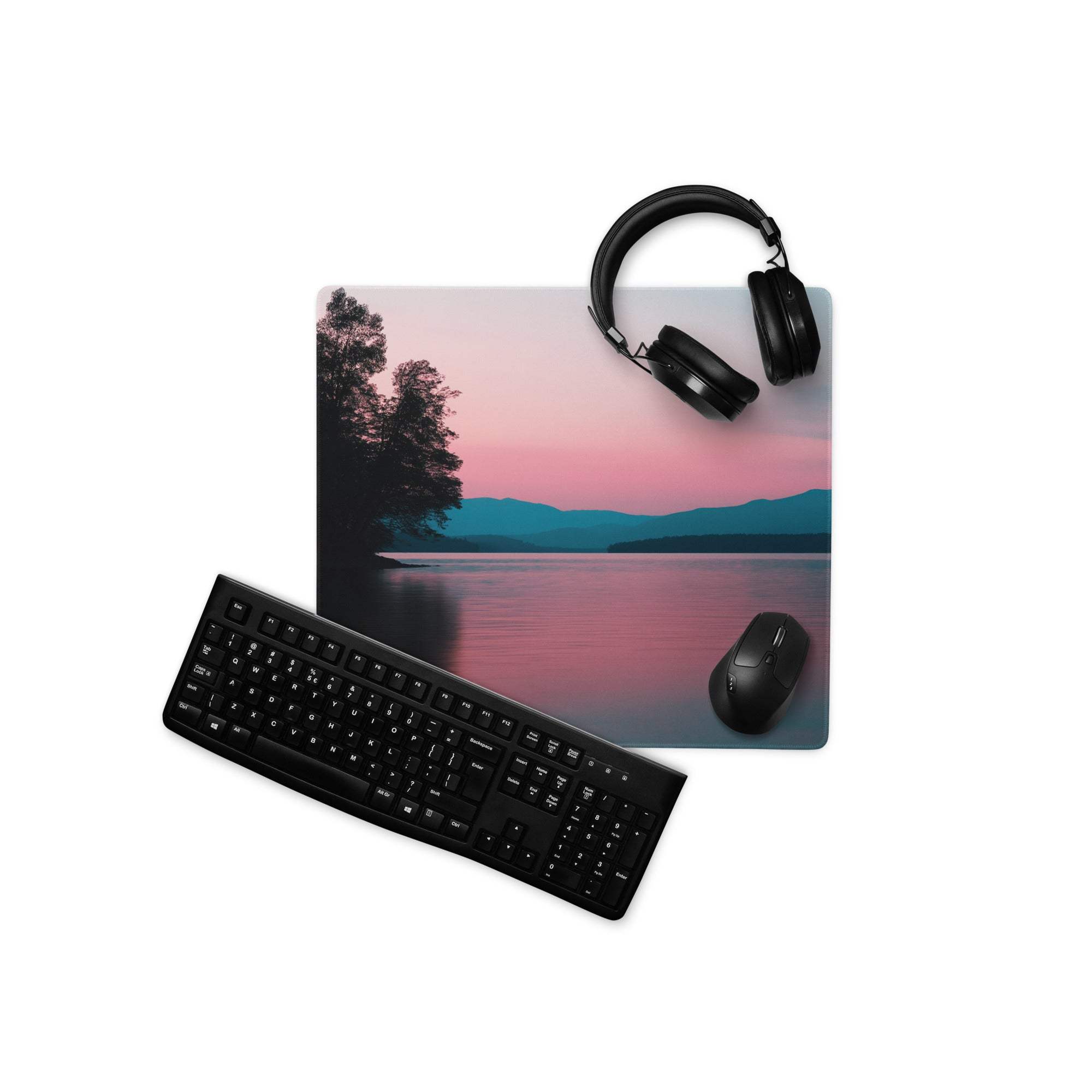 Calm sunset lakeside mouse pad with non-slip base, pink teal hues