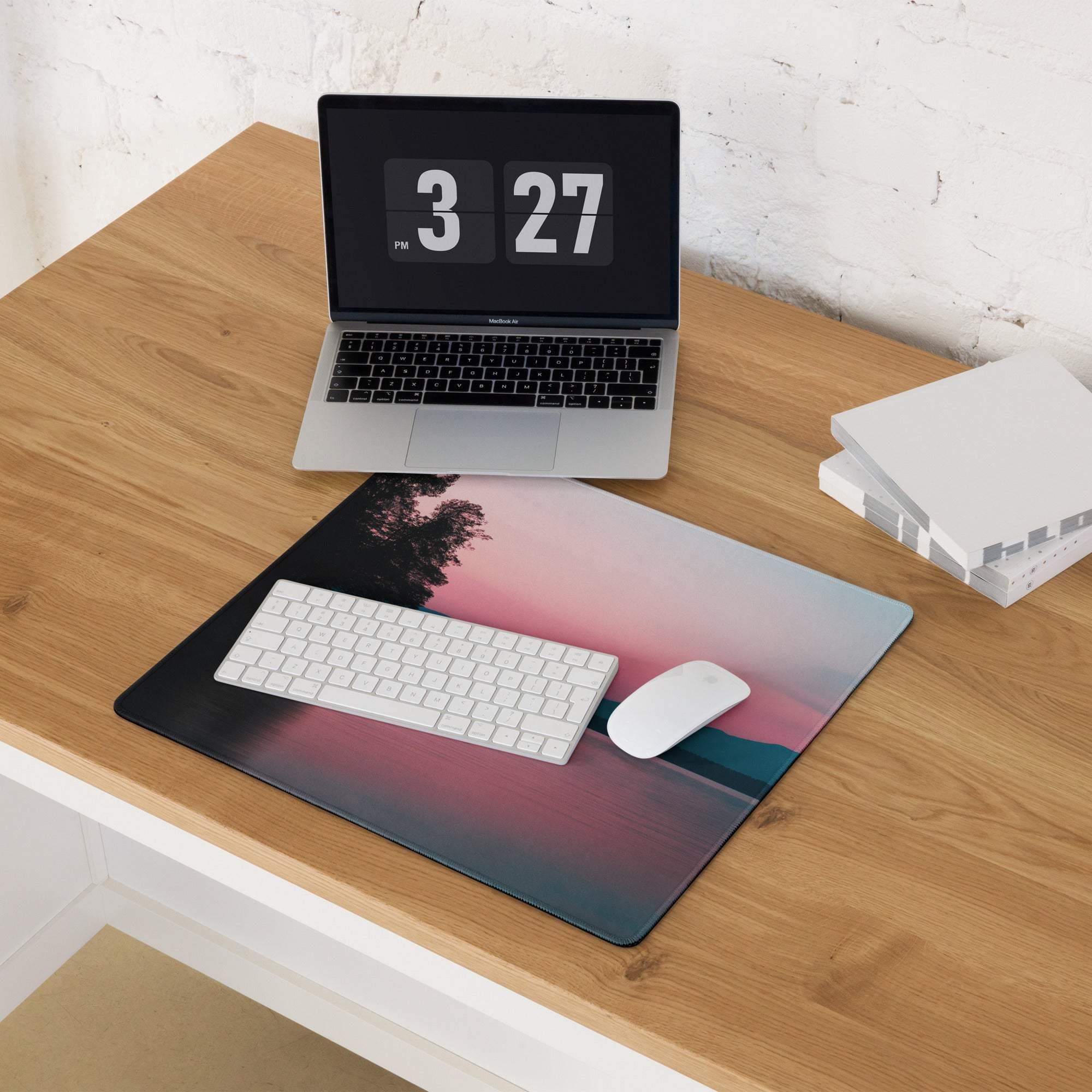 Calm sunset landscape large gaming mouse pad on wooden desk
