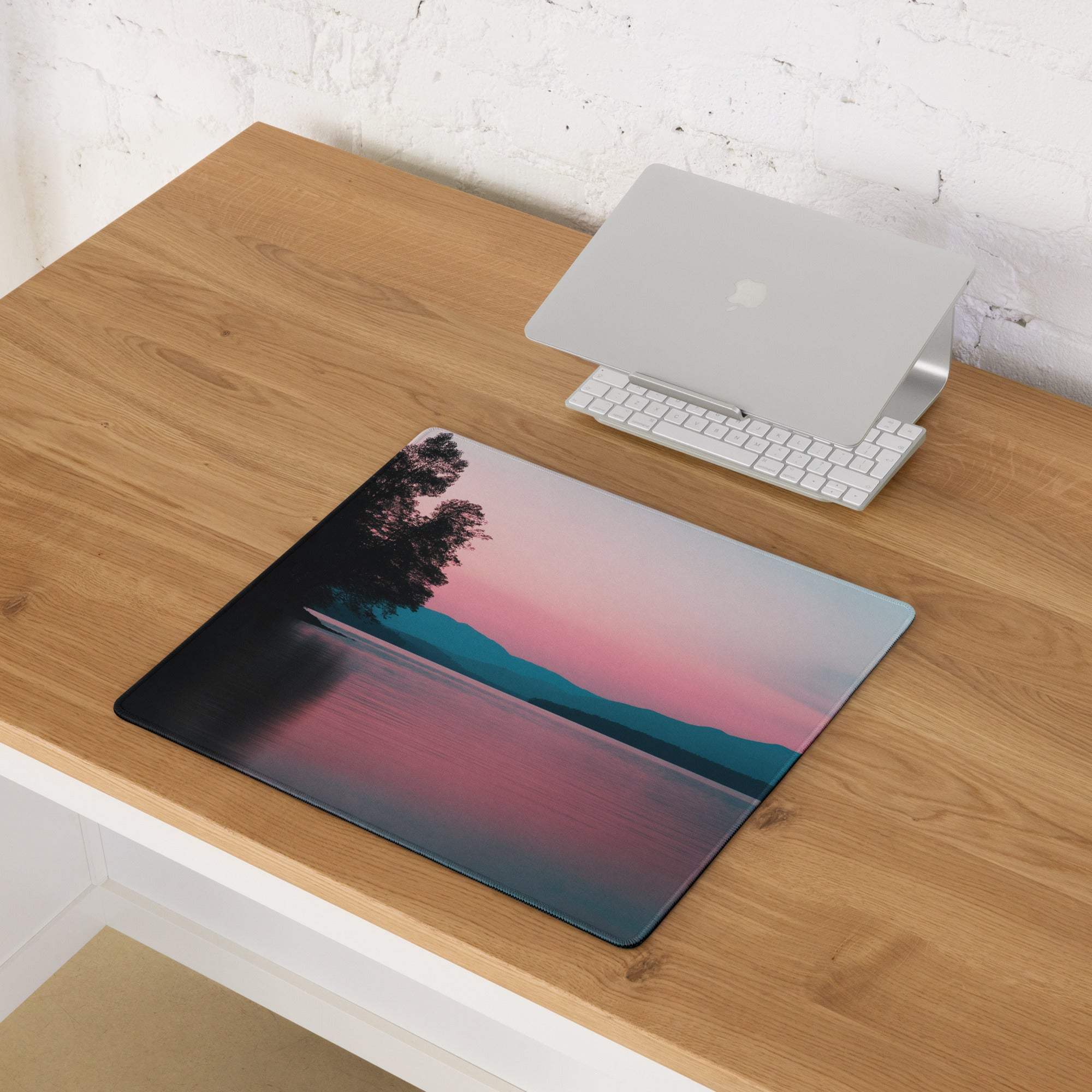 Calm sunset lakeside gaming mouse pad with non-slip base and stitched edges