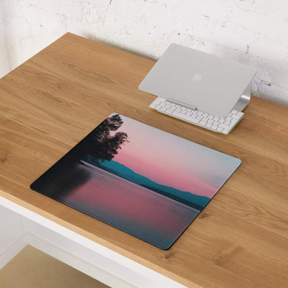 Calm sunset lakeside gaming mouse pad with non-slip base and stitched edges