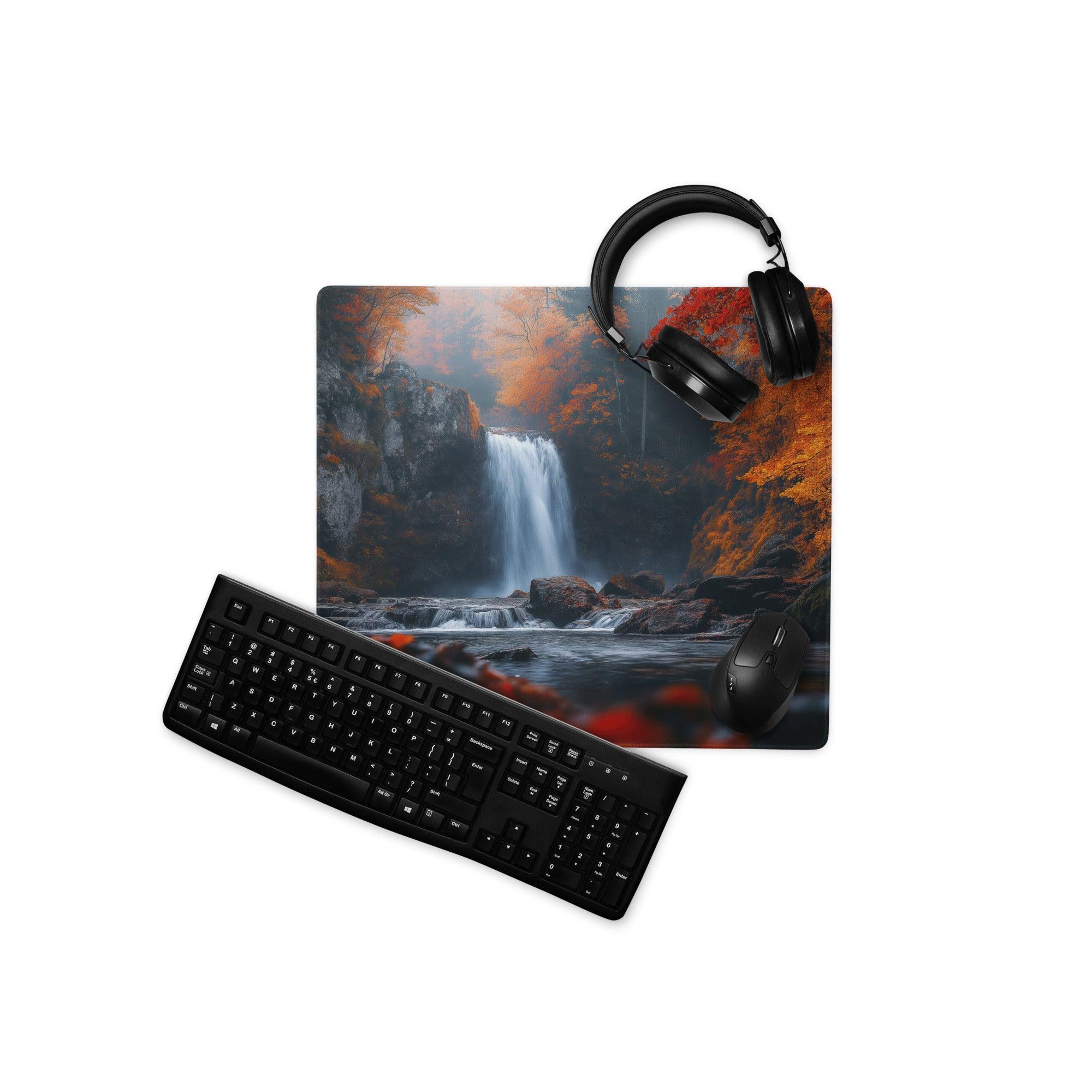 Black keyboard and mouse on Autumn Forest Waterfall gaming mousepad