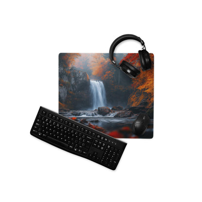 Black keyboard and mouse on Autumn Forest Waterfall gaming mousepad