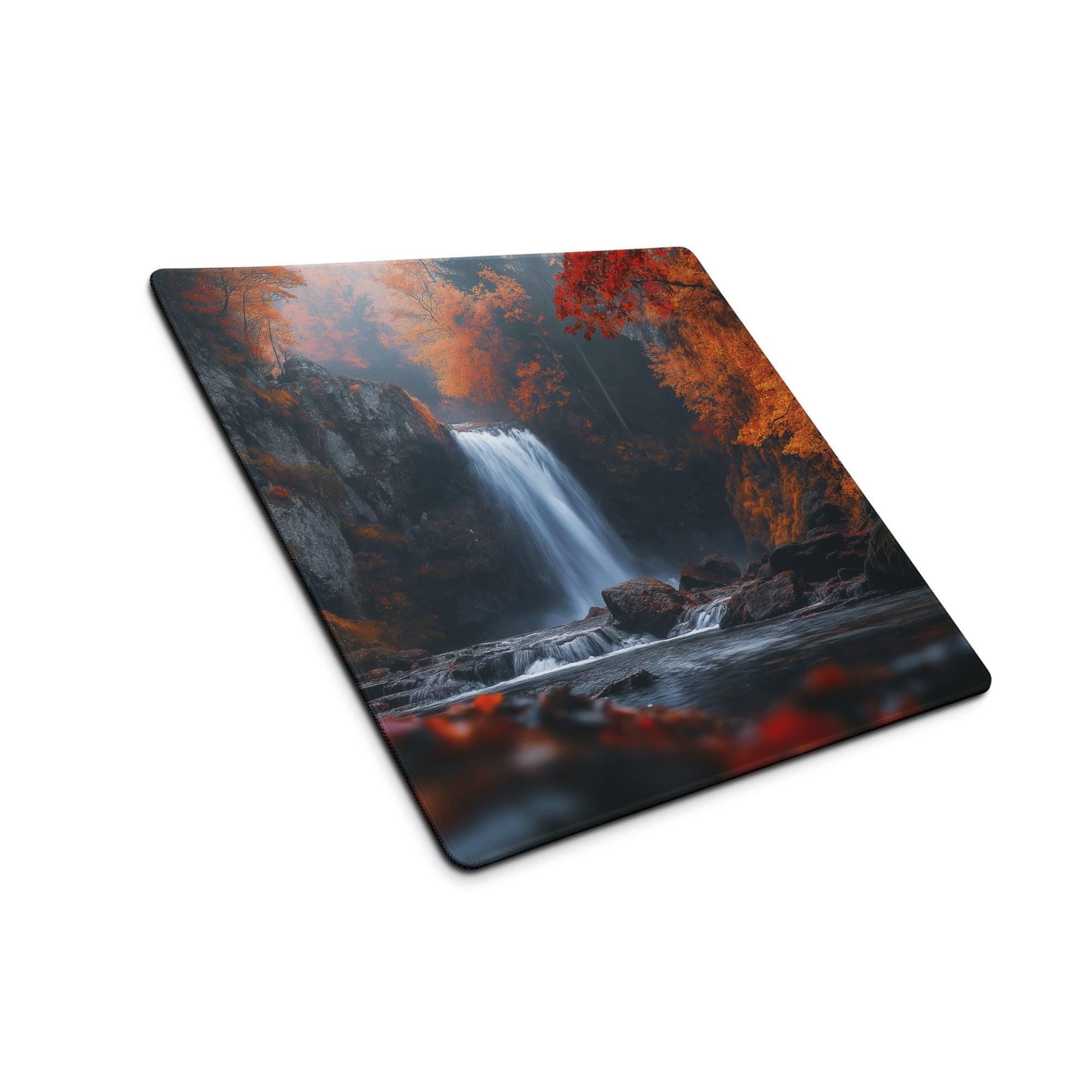 Autumn Forest Waterfall large gaming mouse pad with vivid orange foliage