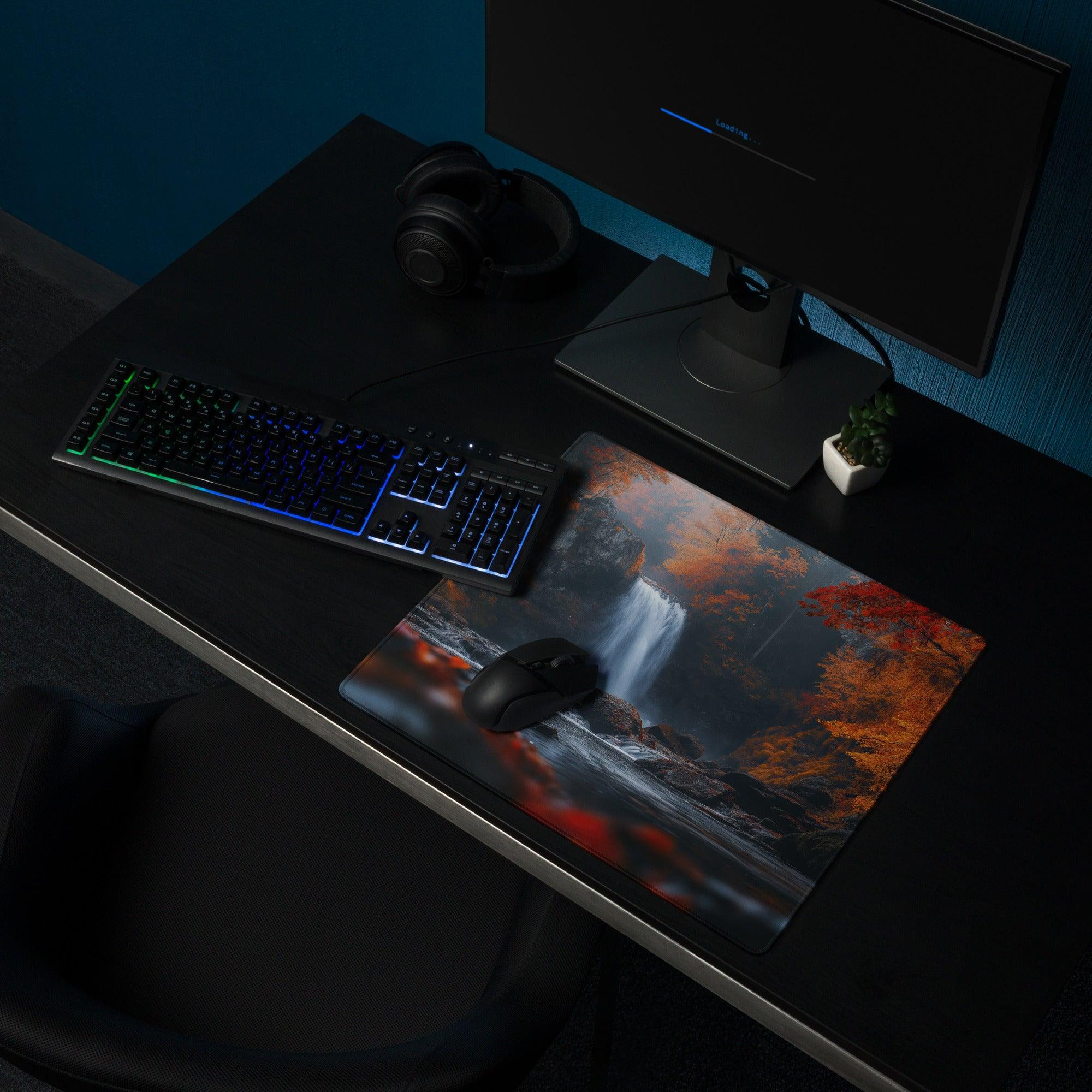 Autumn forest waterfall gaming mouse pad with non-slip backing
