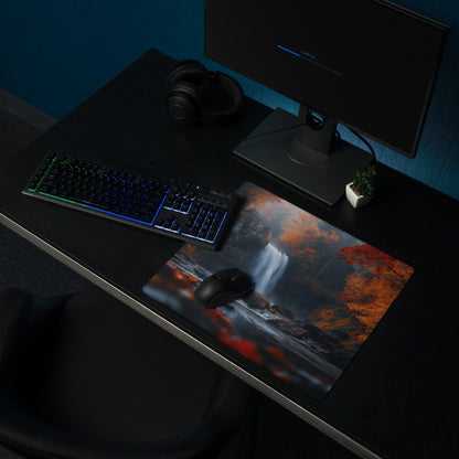 Autumn forest waterfall gaming mouse pad with non-slip backing