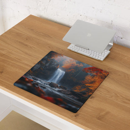 Autumn Forest Waterfall large gaming mouse pad with vivid orange foliage