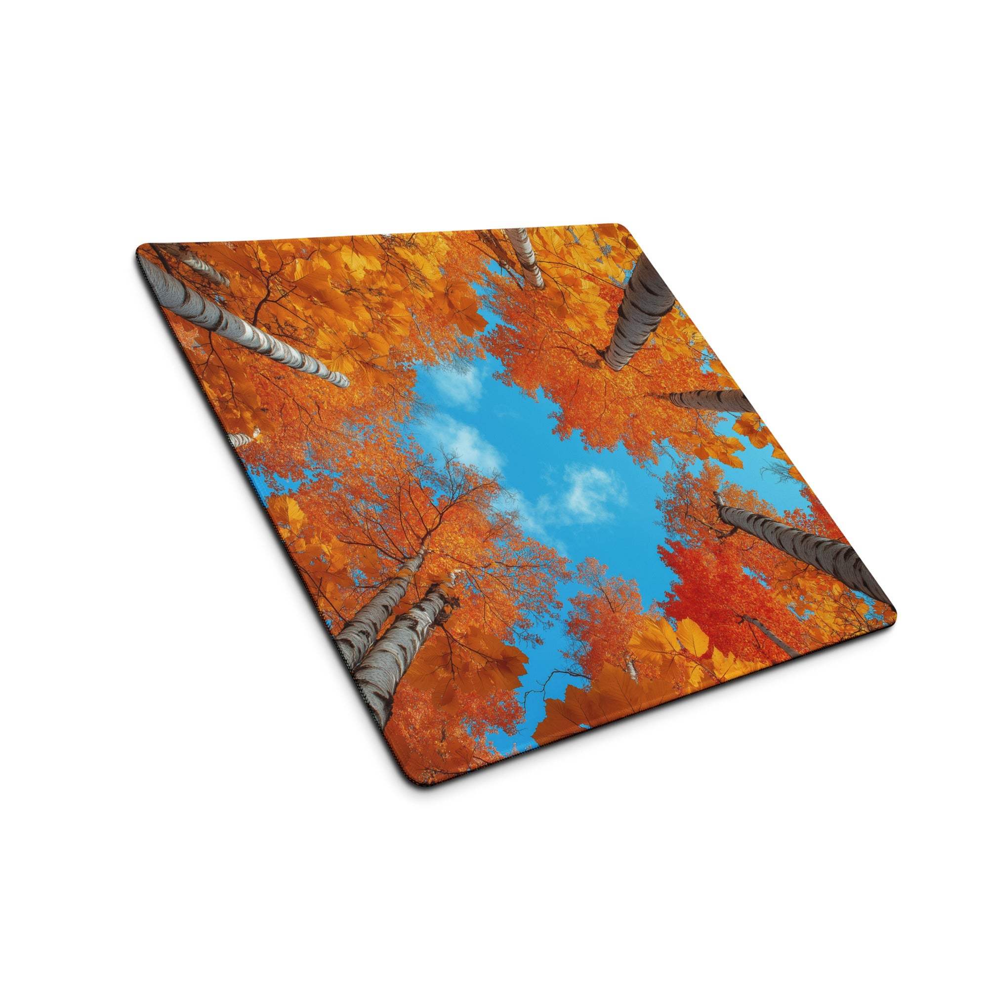 Square Autumn Forest gaming mouse pad with orange foliage and blue sky