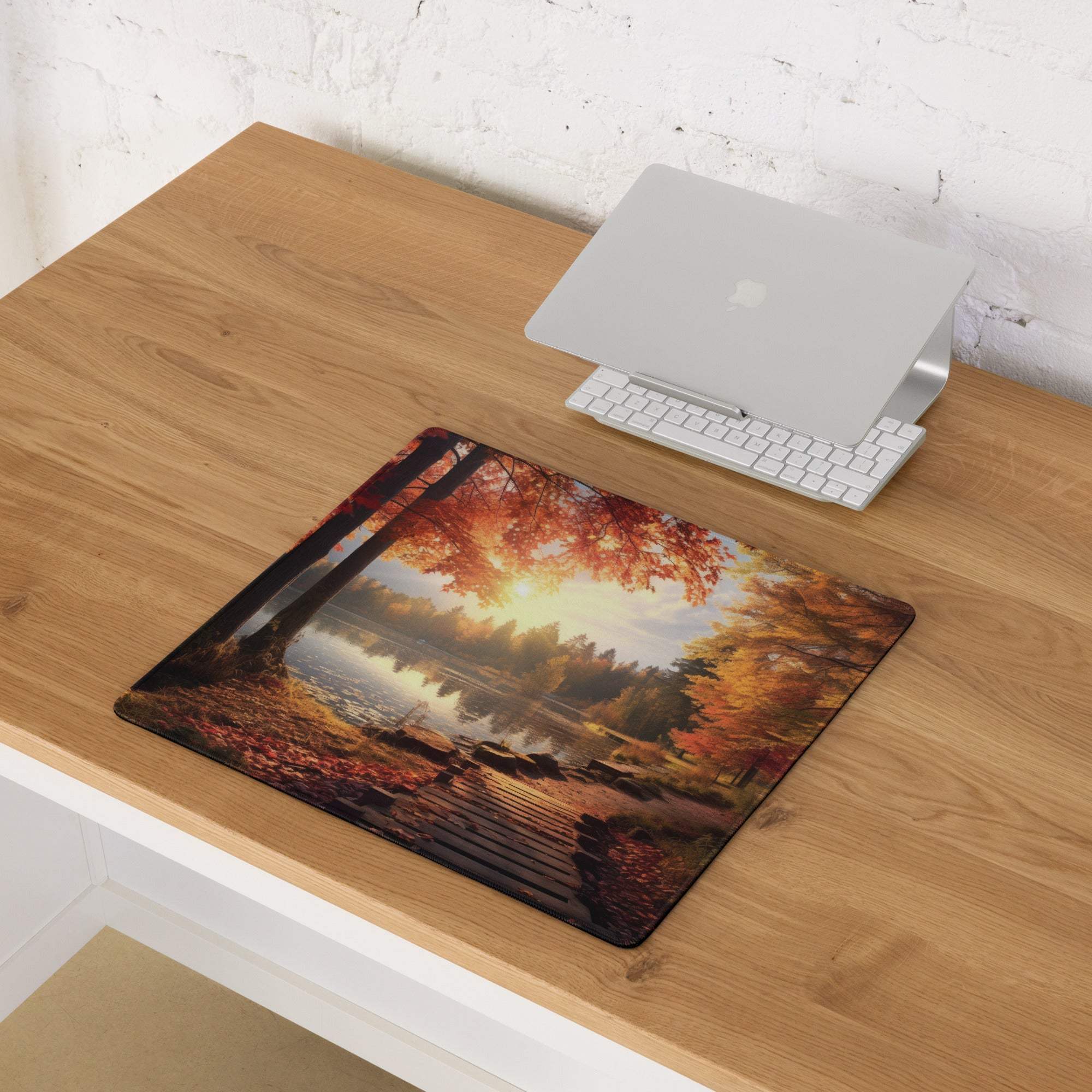 Cozy autumn forest lake sunset gaming mouse pad with red leaves and walkway