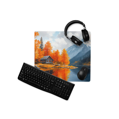 Artistic autumn landscape gaming mouse pad with orange trees, cabin, lake, mountains